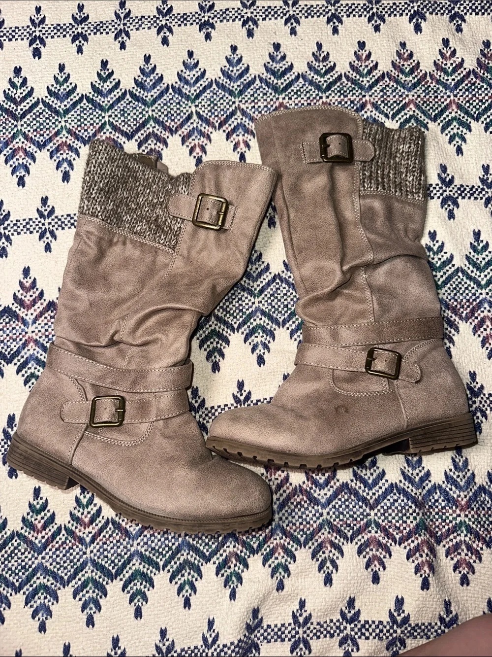 Kids Taupe Mid-Calf Knit-Cuff Buckle Boots